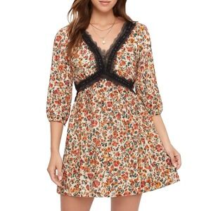 Hayden Los Angeles Floral Babydoll Dress Lace Trim V-Neck Puff Sleeve Size S